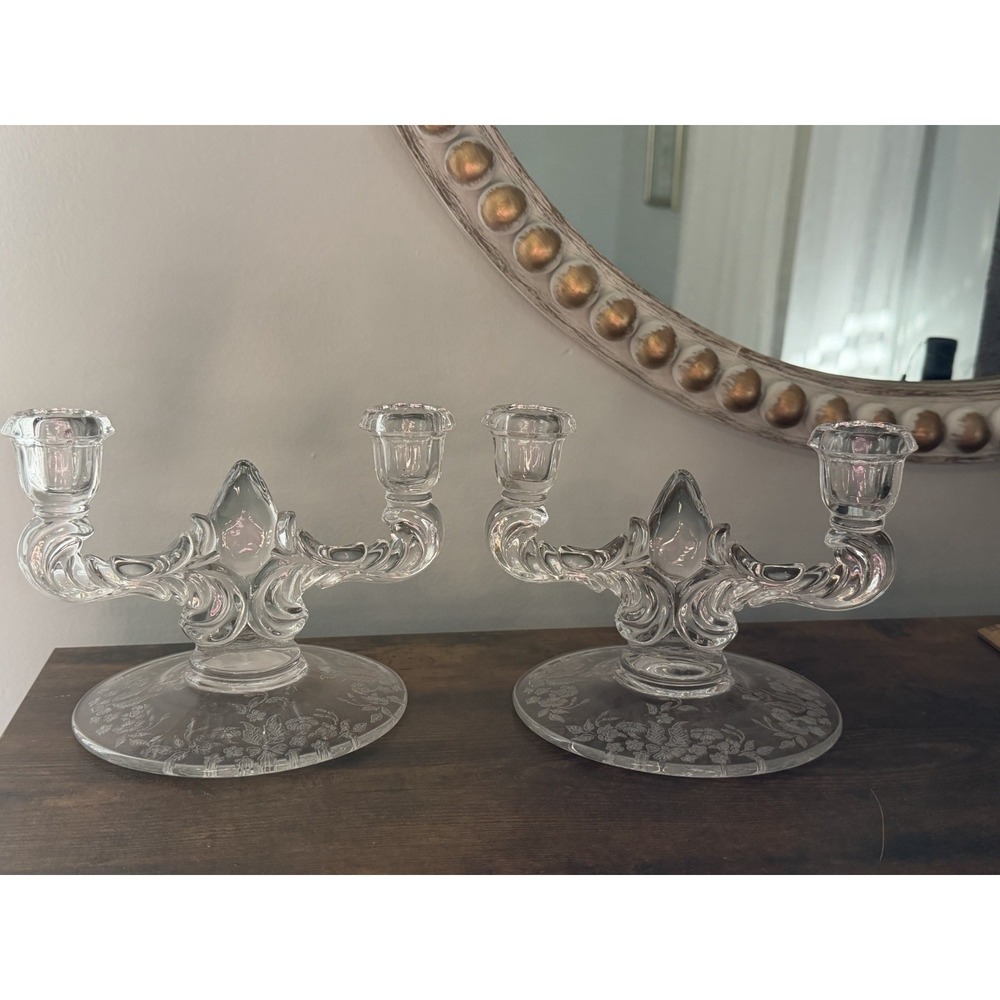 Vintage‎ New Martinsville Janice Double Arm Candlesticks Etched Glass Pair